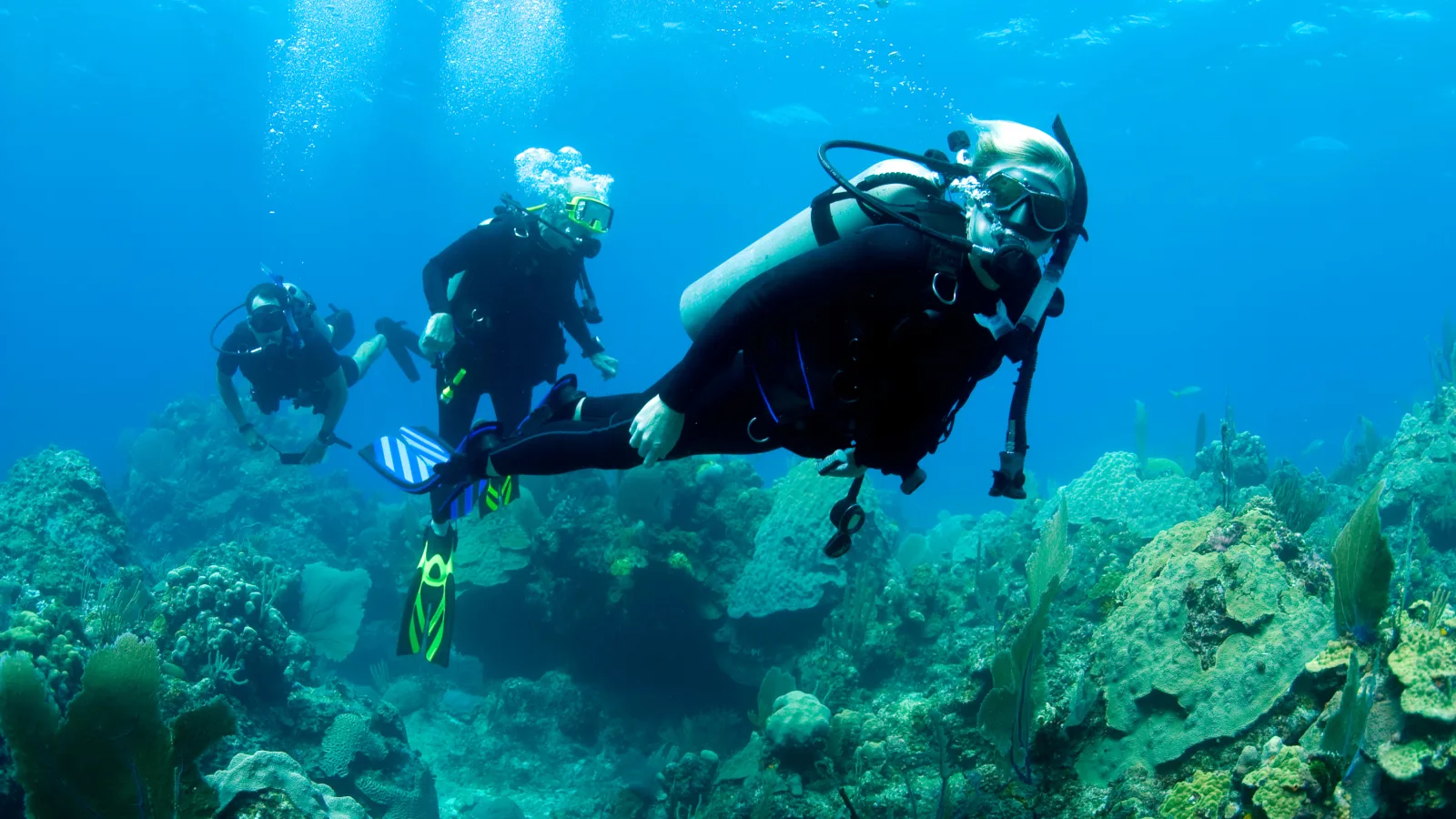 Underwater wide photo of three scuba divers swimming over a coral reef, with the closest diver in the right foreground and two divers behind on the left/center-left.