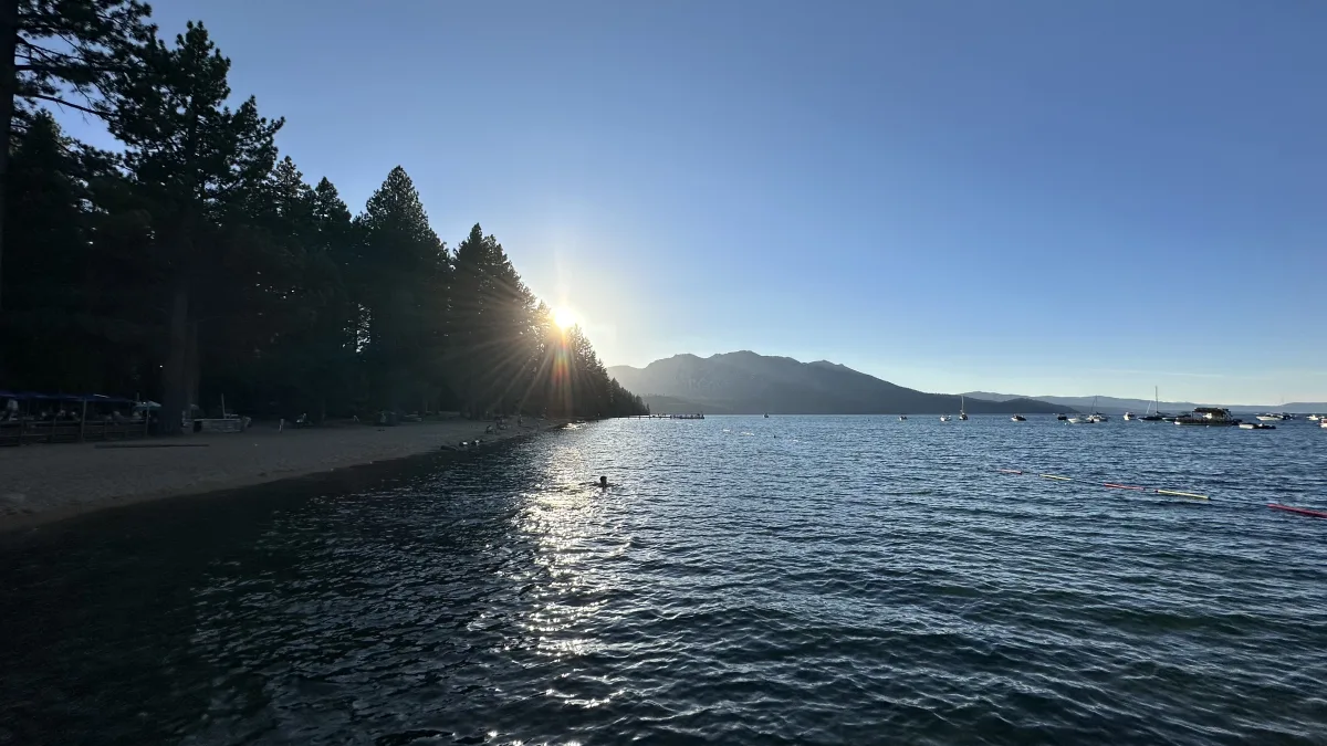 Wide landscape photo of a lakeshore at low sun, with tall conifer trees along a beach on the left, rippling water in the foreground, distant mountains across the lake, and several small boats on the right under a clear blue sky.